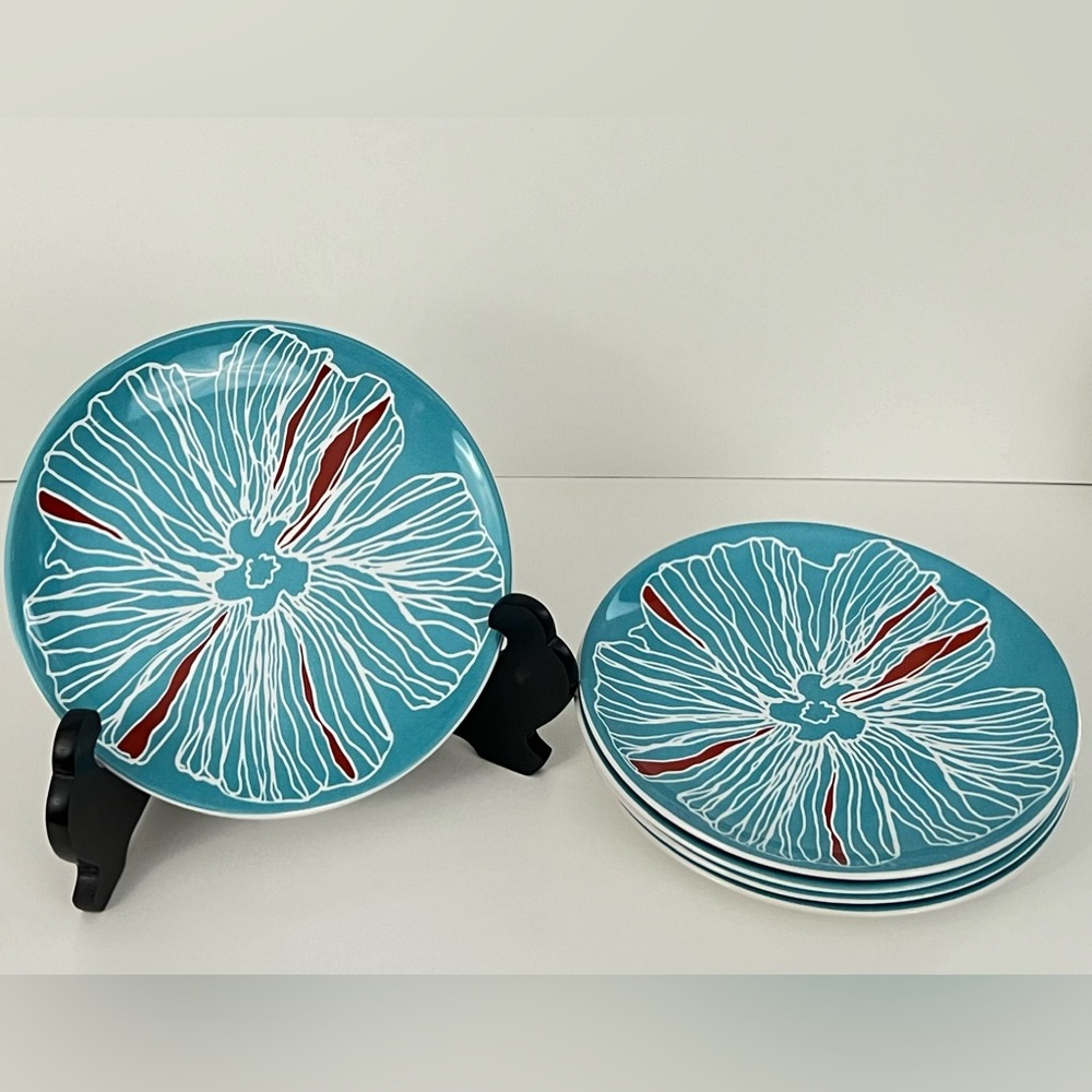 IKEA Bullra Set/5 Salad Dessert Plates 8" Turquoise Aqua Blue White Red Flower